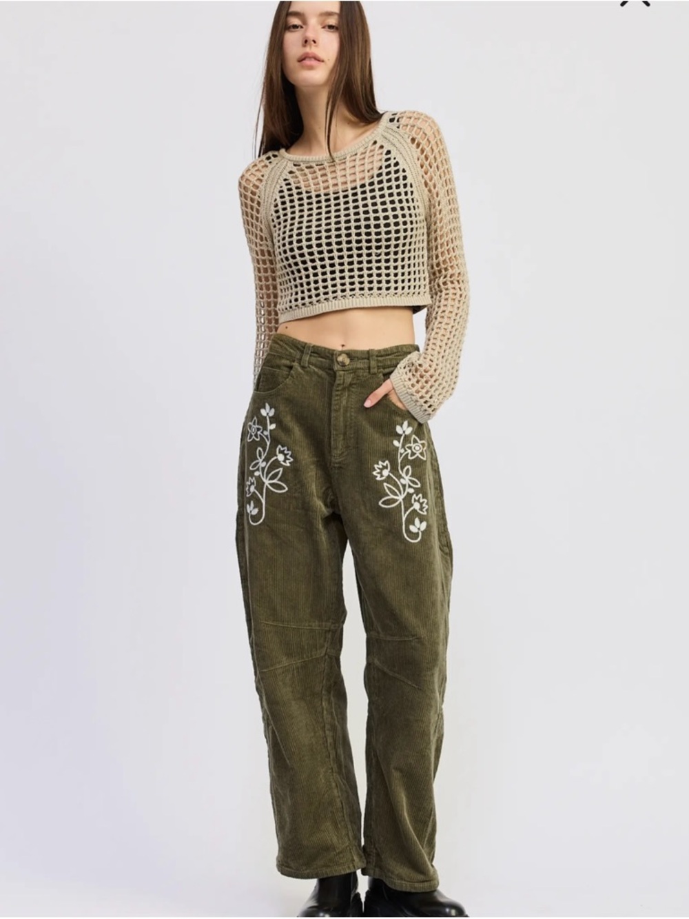 Jacquie The Label -SYLVIE-Embroidered Corduroy Barrel Pants| size XS